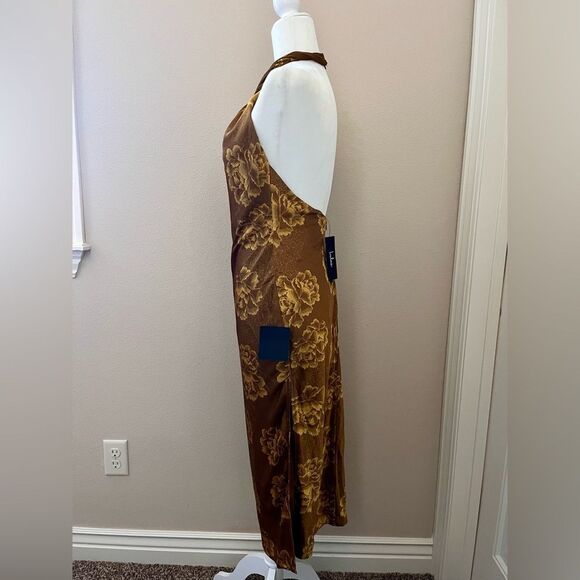 Lulus Elegant Brown gold Sheath midi Dress with Halter Neckline for Night Out - Picture 2 of 9